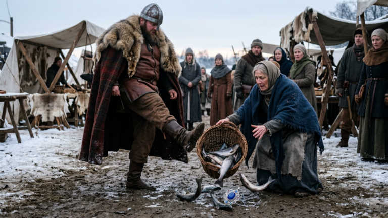DER JARL TRAT DEN FISCHKORB DER ARMEN WITWE VOR DEM WINTERMARKT IN DEN SCHLAMM — DOCH ALS DIE FISCHE AUFSPRANGEN, FIEL ETWAS HERAUS, DAS NICHT AUS DEM MEER STAMMTE…