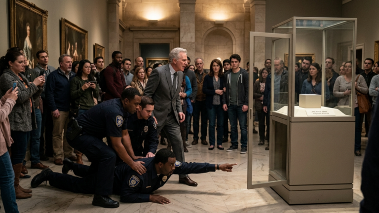 DER MUSEUMSDIREKTOR LIESS DEN SCHWARZEN NACHTWÄCHTER VOR 52 BESUCHERN AUF DEN BODEN DRÜCKEN WEIL EIN RELIKT FEHLTE — BIS DER WÄCHTER NUR AUF DIE LEERE VITRINE ZEIGTE UND DIE FAMILIE DES DIREKTORS SOFORT VERSTUMMTE