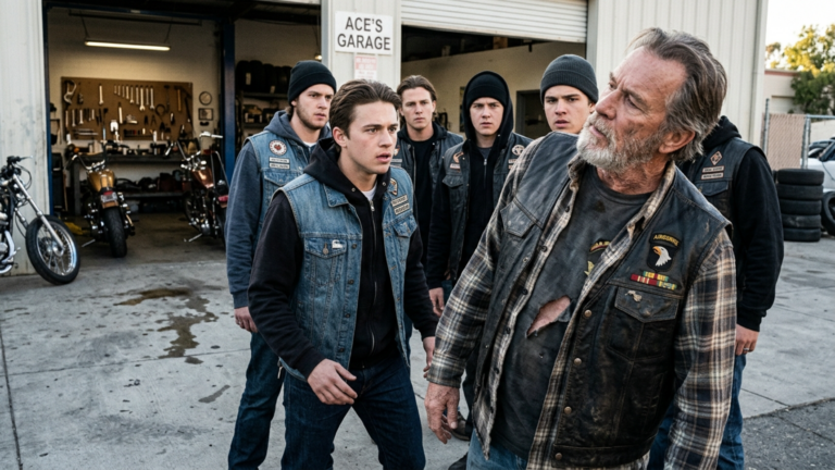 FÜNF JUNGE BIKER OHRFEIGTEN DEN ALTEN BIKER VOR DER WERKSTATT DASS SEIN KOPF ZUR SEITE SCHLUG UND RISSEN IHM DIE LEDERWESTE AUF — DOCH ALS UNTER DEM LEDER ETWAS ALTES HERVORBLITZTE SAGTE PLÖTZLICH NIEMAND MEHR EIN WORT.
