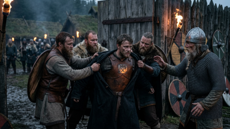 DIE VIKINGER STIESSEN DEN HEIMGEKEHRTEN KRIEGER GEGEN DAS TOR UND RISSEN IHM DEN MANTEL VON DEN SCHULTERN — DOCH DARUNTER ERKANNTEN DIE ÄLTESTEN DAS ZEICHEN AUF SEINER RÜSTUNG.