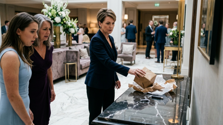 MEINE ZUKÜNFTIGE SCHWIEGERMUTTER RISS MEINER MUTTER DIE BILLIGE GESCHENKSCHACHTEL AUS DER HAND UND SCHLEUDERTE SIE AUF DEN MARMORTISCH IN DER LOBBY EINES FÜNF-STERNE-HOTELS, WEIL SIE ANGST HATTE, DAS ARME GESCHENK KÖNNE DIE VERLOBUNGSFEIER BESCHMUTZEN — DOCH ALS EIN SCHWARZER USB-STICK AUS DER SCHACHTEL FIEL, ZERSTÖRTE ER DAS GEHEIMNIS, DAS MEINE SCHWIEGERMUTTER 22 JAHRE LANG VERBORGEN HATTE.
