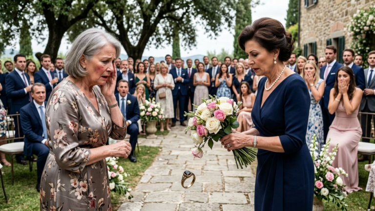 MEINE ZUKÜNFTIGE SCHWIEGERMUTTER RISS MEINER MUTTER DEN BLUMENSTRAUSS AUS DER HAND UND OHRFEIGTE SIE VOR 60 GÄSTEN IM VILLENGARTEN, WEIL SIE SIE FÜR EINE ARME BLUMENVERKÄUFERIN HIELT, DIE SICH INS FAMILIENFOTO DRÄNGEN WOLLTE — DOCH ALS EIN ALTER RING AUS DEN BLUMENSTIELEN FIEL, ZOG ER EINE VERGANGENHEIT ANS LICHT, DURCH DIE MEINE SCHWIEGERMUTTER EHEMANN, SOHN UND VERMÖGEN VERLOR.