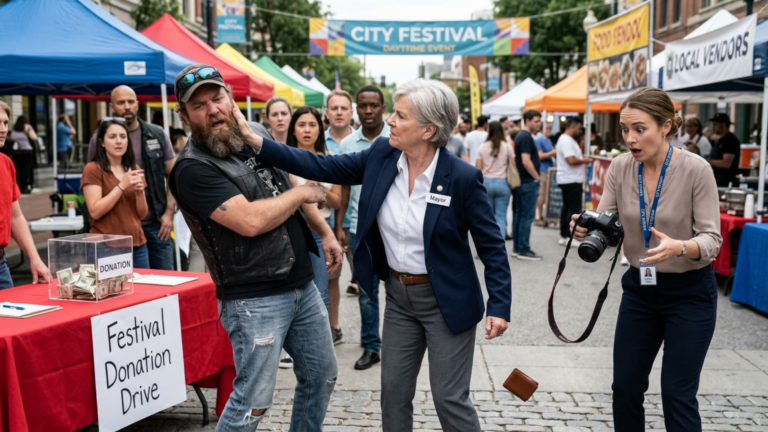 Der Bürgermeister ohrfeigte die Bikerin vor dem Spendentisch beim Stadtfest – doch drei Sekunden später sah sein Assistent etwas aus ihrer Jacke rutschen und ließ die Kamera fallen.