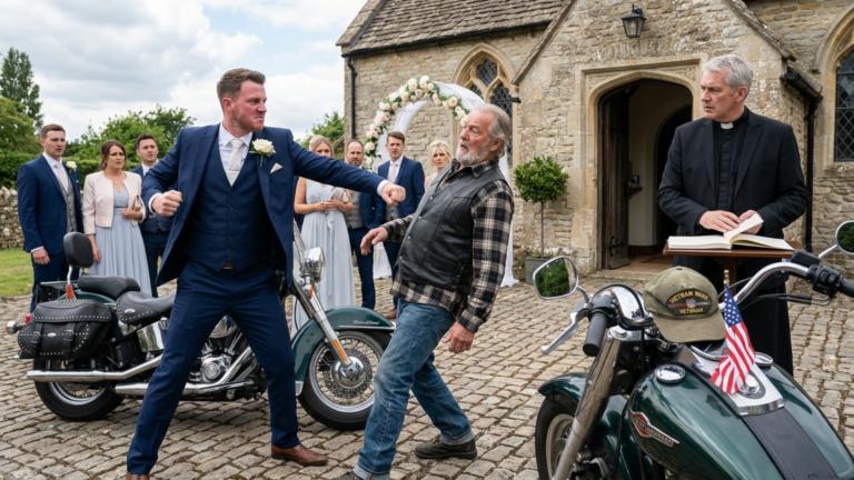 Der arrogante Bräutigam schlug den alten Biker vor der kleinen Kirche – doch drei Sekunden später bemerkte der Pastor etwas am Lenker seines Motorrads und schloss langsam das Gästebuch.