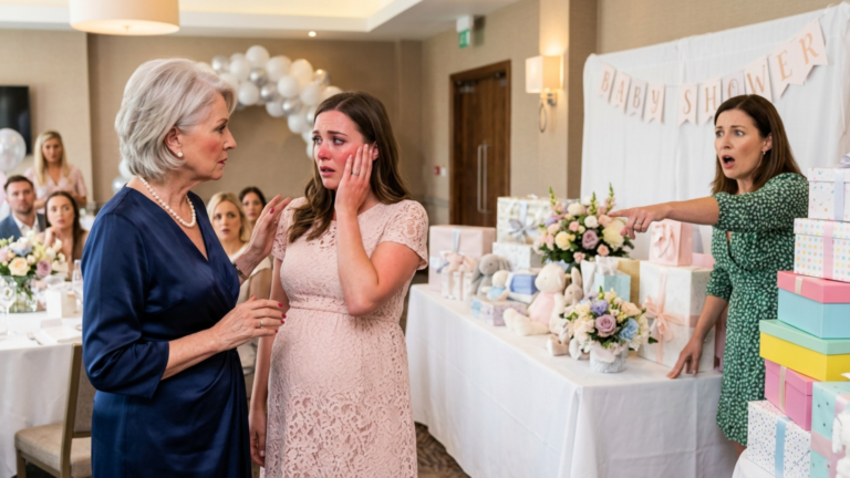 Die wohlhabende Schwiegermutter ohrfeigte ihre Schwiegertochter noch vor der Babyparty – doch nur drei Sekunden später bemerkte ein Nachbar etwas hinter dem Geschenketisch, und es wurde still im Raum.