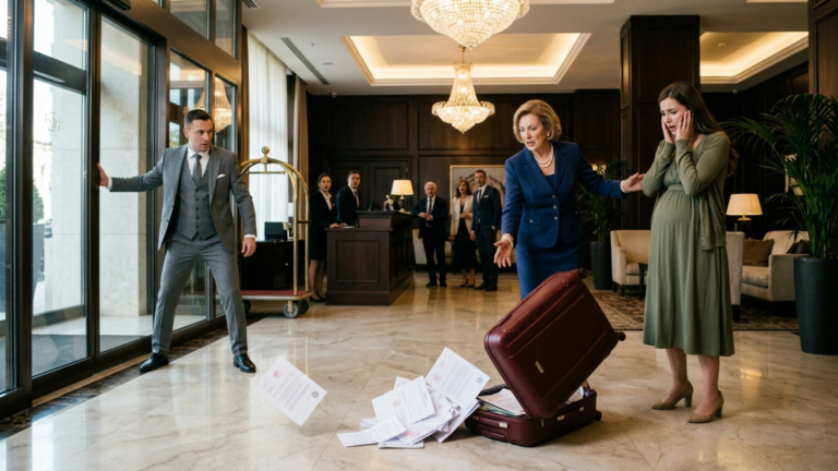 DIE SCHWIEGERMUTTER SCHLEUDERTE DAS GEPÄCK IHRER SCHWANGEREN SCHWIEGERTOCHTER AUF DEN BODEN DER FÜNF-STERNE-HOTELLOBBY UND OHRFEIGTE SIE, WEIL SIE DIE FAMILIE VOR DEN VIP-GÄSTEN BESCHÄME — DOCH ALS DER KOFFER AUFSPRANG UND EIN PAPIERSTAPEL MIT PRÄGESIEGEL HERAUSRUTSCHTE, ZOG DER HOTELMANAGER SOFORT DIE GLASTÜR ZU.