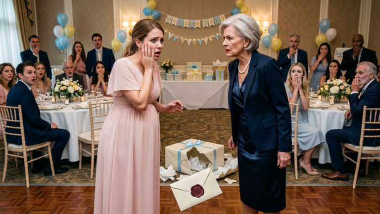 DIE SCHWIEGERMUTTER ZERSCHLUG DAS GESCHENK DER BRAUTELTERN AUF DEM BODEN DER BABYSHOWER-FEIER UND OHRFEIGTE IHRE SCHWANGERE SCHWIEGERTOCHTER, WEIL ARME LEUTE WIE SIE KEIN RECHT HÄTTEN, IHREM ENKELKIND ETWAS ZU SCHENKEN — DOCH ALS DAS GESCHENKPAPIER AUFRISS UND EIN UMSCHLAG MIT ROTEM SIEGEL HERAUSFIEL, WURDE DER GANZE FESTSAAL BLASS.
