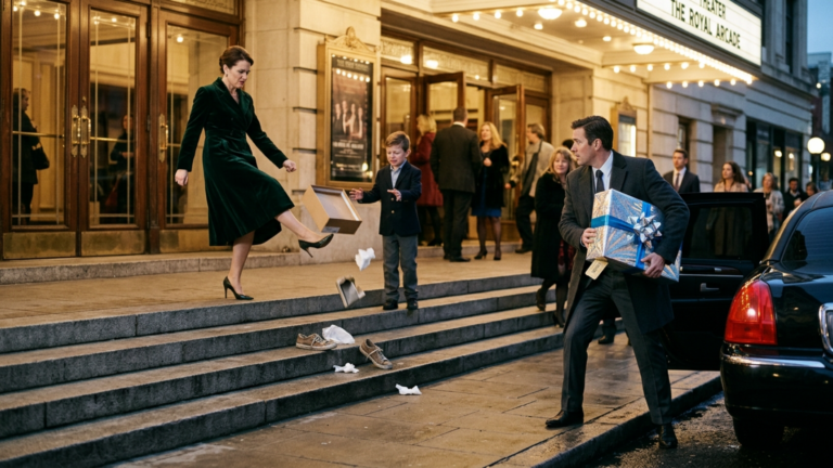 DIE STIEFMUTTER TRAT DIE SCHUHBOX DES JUNGEN DIE STUFEN DES THEATERS HINUNTER, WEIL SEINE ALTEN SCHUHE NICHT BEI DER GESCHENKFEIER NACH DER VORSTELLUNG AUFTAUCHEN SOLLTEN — DOCH SEIN VATER STIEG GERADE MIT EINER GROSSEN GESCHENKBOX AUS DER LIMOUSINE, SAH DIE EINTRITTSKARTE UNTER DEM DECKEL HÄNGEN UND BLIEB DIREKT VOR DER TÜR STEHEN.