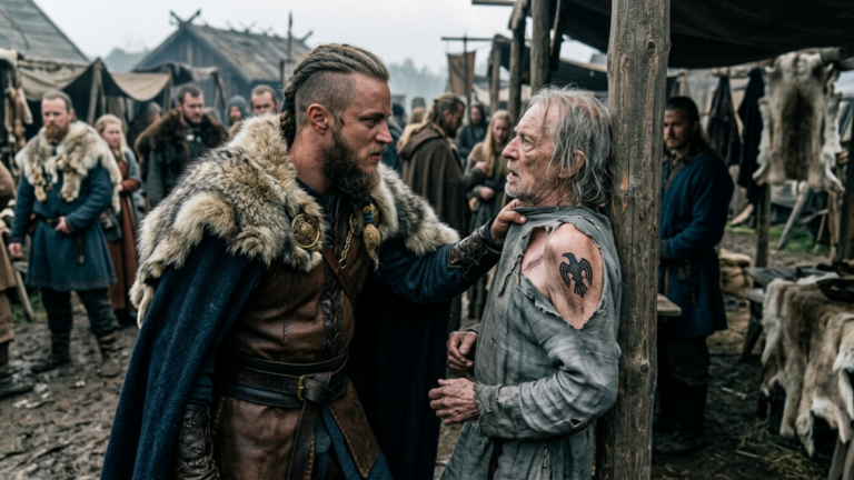 DER VIKING-JARL PACKTE DEN ALTEN SKLAVEN AUF DEM SKLAVENMARKT AM KRAGEN UND STIESS IHN GEGEN DEN HOLZPFAHL — DOCH ALS SEIN HEMD RISS, SAH DER KÖNIG DAS BRANDMAL EINER VERLORENEN BLUTLINIE.