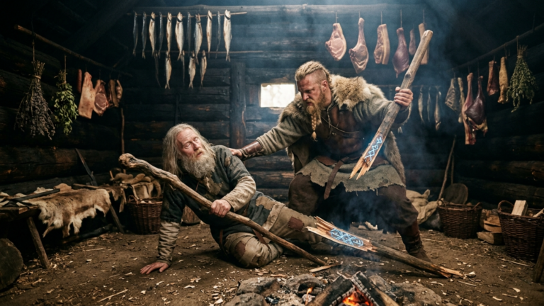 DER VIKING-SOHN STIESS SEINEN BLINDEN VATER IN DER RAUCHHÜTTE ZU BODEN UND TRAT SEINEN STAB ENTZWEI — DOCH IM GEBROCHENEN HOLZ LAG DAS ZEICHEN DES ERSTEN HÜTERS.