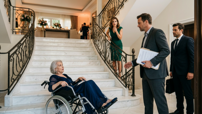 DIE SCHWIEGERTOCHTER OHRFEIGTE IHRE IM ROLLSTUHL SITZENDE SCHWIEGERMUTTER UND STIESS DANN DEN ROLLSTUHL DIE MARMORTREPPE DER VILLA HINUNTER, WEIL SIE DAS WOHNZIMMER VOR DER FEIER NICHT VERLASSEN WOLLTE — DOCH GENAU IN DIESEM MOMENT KAM IHR MANN MIT DEN ÜBERSCHREIBUNGSPAPIEREN FÜR EIN PENTHOUSE ÜBERRASCHEND NACH HAUSE, UND EIN EINZIGER SATZ AN DEN ANWALT LIESS SEINE FRAU WIE ERSTARRT STEHEN.