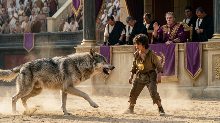 DER GRAUE WOLF AUS DACIEN SCHOSS DURCH DEN ARENASAND AUF DEN JUNGEN OHNE FAMILIENNAMEN ZU — DOCH ALS DER IMPERATOR DAS GOLDENE AMULETT AN SEINER BRUST SAH, SENKTEN DIE SENATOREN DEN BLICK…