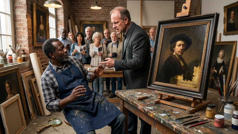 Die Museumsdirektorin trat den schwarzen Rahmenrestaurator gegen den Arbeitstisch und warf seine Lupe weg – doch plötzlich erschien unter dem alten Lack ein Name, bei dem die gesamte Führung verstummte.