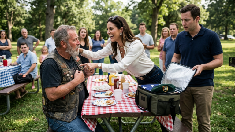 Die reiche Schwiegertochter schlug den Biker beim Familienpicknick gegen den Klapptisch und lachte über seine alte Weste – doch als die Thermotasche aufging, verstummte ihr Mann sofort.