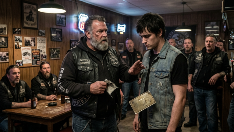 Der Clubpräsident ohrfeigte den schweigenden Biker im Vereinsheim und riss ihm den Patch von der Weste – doch drei Sekunden später fiel ein kleiner Metallschild darunter hervor.
