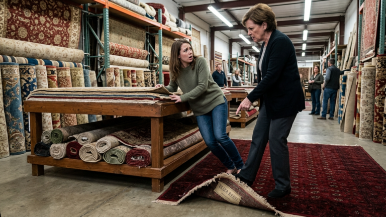 Die Schwiegermutter schlug ihre Schwiegertochter im Teppichladen gegen den Ausstellungstisch und sagte, sie gehöre auf den Boden – doch unter dem Teppichrand stand ein Name.