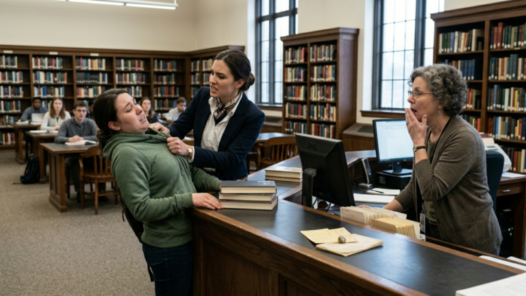 Die reiche Studentin ohrfeigte die Stipendiatin in der Universitätsbibliothek und stieß sie gegen den Ausleihtisch – doch drei Sekunden später sah die Bibliothekarin den Namen auf der alten Karte.