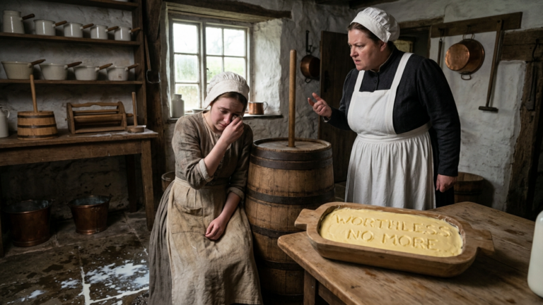 Die Oberköchin trat die stumme Milchmagd im Milchhaus gegen das Butterfass und nannte sie wertlos – doch drei Sekunden später erschien ein Zeichen in der frischen Butter.
