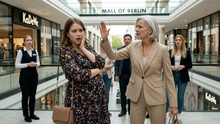 „Du bist doch nur eine Goldgräberin!“, zischte meine reiche Schwiegermutter, nachdem sie mich, hochschwanger, vor den Augen anderer Kunden in der Mall of Berlin geohrfeigt hatte. Dann sah der Manager des Einkaufszentrums meine Titanium-Karte und lud mich sofort in die VIP-Lounge ein, was meine Schwiegermutter fassungslos zurückließ.
