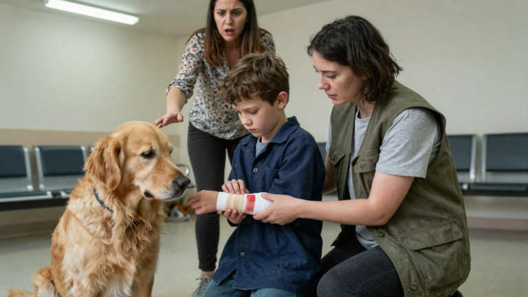 The Seven-Year-Old Boy Kept His Badly Bandaged Wrist Buried Deep In His Frayed Coat Pocket—But When My Therapy Dog Refused To Leave His Side And I Finally Peeled The Tape Back, His Mother Whispered, “We Should Go,” And Frantically Reached For Him. – storyteller