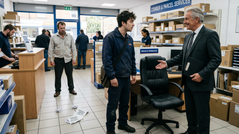 DER JUNGE KURIER RETTETE EINEN ZITTERNDEN STRAẞENHUND MIT SEINER ARBEITSJACKE UND DER FILIALLEITER WARF IHM DIE KÜNDIGUNG VOR DIE FÜẞE — DOCH AM MORGEN STAND DER CEO IM LADEN UND BOT IHM DEN CHEFSESSEL AN.