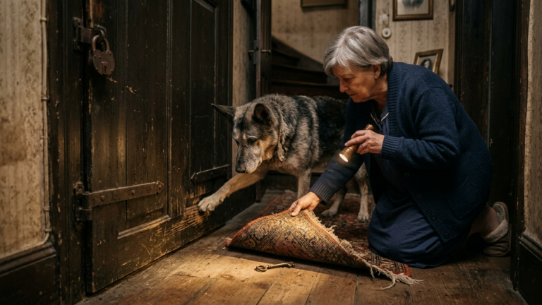 DER ALTE SCHÄFERHUND KRATZTE JEDE NACHT AN DER VERSCHLOSSENEN KELLERTÜR — BIS DIE WITWE DEN TEPPICH DAVOR ANHOB UND DEN ZWEITEN SCHLÜSSEL FAND…