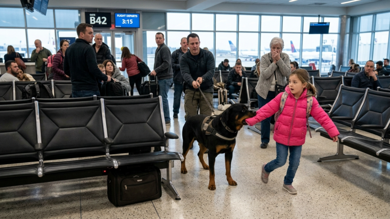 DIE MENGE HIELT DEN ROTTWEILER FÜR GEFÄHRLICH ALS ER AM FLUGHAFEN IN DEN MANTELÄRMEL DES KINDES BISS UND SIE HASTIG FORTZOG — DOCH UNTER DER SITZREIHE BEGANN BEREITS ETWAS ZU TICKEN.