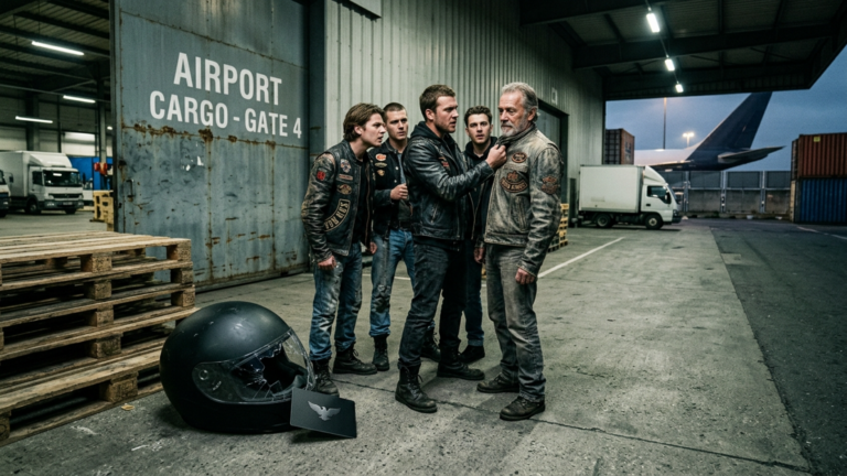 VIER JUNGE BIKER PACKTEN DEN ALTEN BIKER VOR DEM FRACHTTOR EINES FLUGHAFENS AM KRAGEN UND WARFEN SEINEN HELM GEGEN DIE ROLLPALETTE — DOCH ALS AUS DEM GESPRUNGENEN VISIER EINE DÜNNE SCHWARZE KARTE RUTSCHTE VERSTUMMTE DIE GANZE CREW.