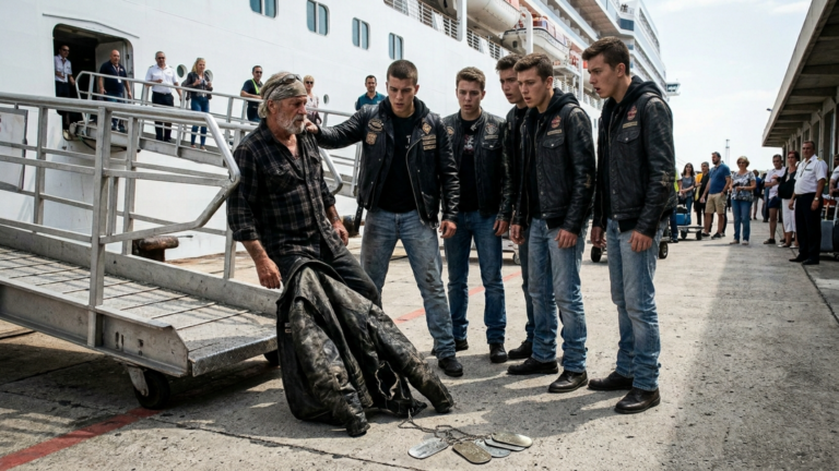 FÜNF JUNGE BIKER DRÜCKTEN DEN ALTEN BIKER VOR EINEM KREUZFAHRTSCHIFF GEGEN DIE GEPÄCKRAMPE UND WARFEN SEINE JACKE AUF DEN KAI — DOCH ALS AUS DEM INNENFUTTER EINE ZERKRATZTE MARKE FIEL BLIEB DER GANZE PIER STILL.