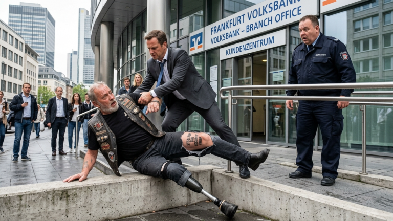 DER BANKER ZERRTE DEN ALTEN BIKER MIT BEINPROTHESE VOR DER FRANKFURTER FILIALE VON DER RAMPE WEIL ER ANGEBLICH KUNDEN ABSCHRECKTE — DOCH DABEI RISS DIE HOSE AUF UND DAS TATTOO ÜBER DEM KNIE LIEẞ DEN SICHERHEITSCHEF ERSTARREN.