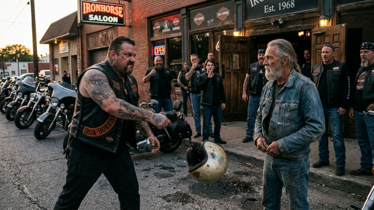 DER CLUBCHEF RISS DEM ALTEN BIKER DEN HELM AUS DER HAND UND WARF IHN AUF DIE STRASSE — DOCH ALS DER ALTE MANN SEINE JACKE ÖFFNETE, BEFAHL ER KEINEM MEHR ZU LACHEN…