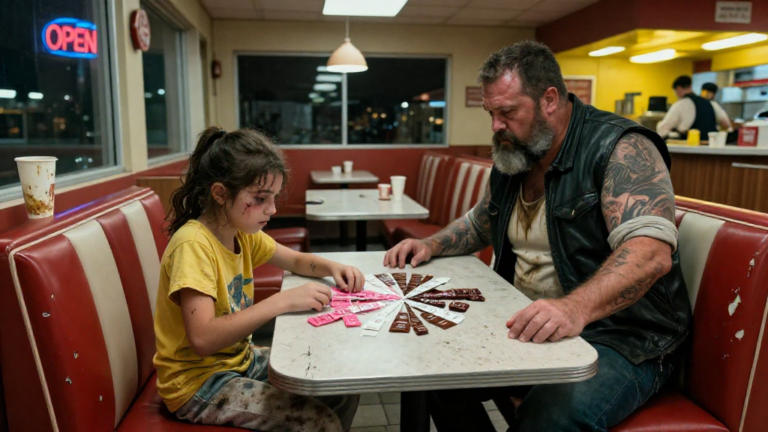 After 20 Days Hidden in a Closed Movie Theater, the Injured 9-Year-Old Girl Walked Into a Waffle House at 1 A.M. and Asked for “A Booth Facing the Door”… Then She Arranged the Salt Packets in a Strange Pattern, and the Gray-Haired Biker Understood – storyteller