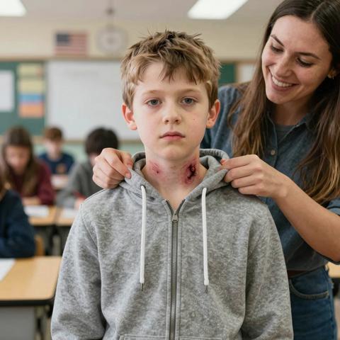 The Boy Refused To Take Off His Hoodie During The School Physical—When I Pulled The Collar Back, The Bruises Around His Neck Made His Mother Stop Smiling.