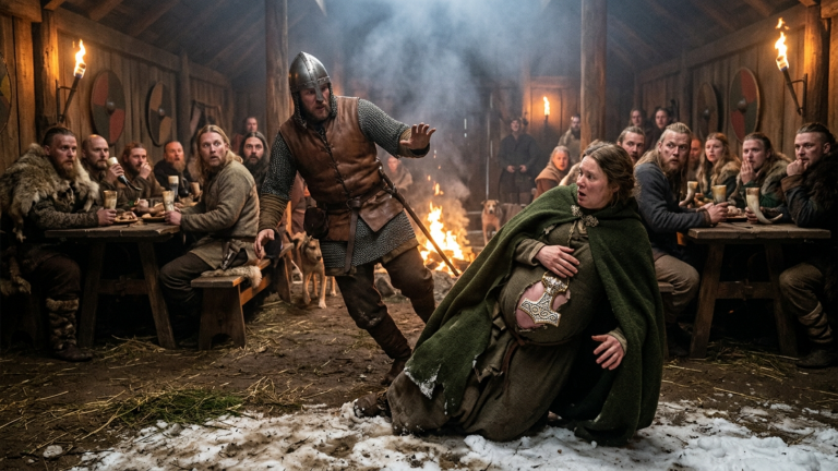 DER VIKING-JARL STIESS DIE SCHWANGERE FRAU IN DEN SCHNEE — DOCH ALS IHR MANTEL AUFRISS, ERBLASSTE DIE GANZE HALLE