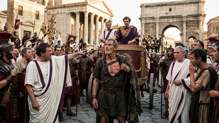 DER ALTE GLADIATOR WURDE BEIM TRIUMPHZUG IN ROM ALS VERRÄTER BESCHIMPFT — DOCH ALS DER IMPERATOR DIE NARBE DER VERLORENEN LEGION AUF SEINER BRUST SAH, VERSTUMMTE DER SENAT…