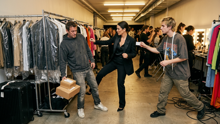 Die Chefin der Modeagentur trat den schwarzen Kleiderboten mit ausgefranstem Hoodie und schmutzigen Turnschuhen im Backstage-Flur gegen die Garderobenstange – doch plötzlich hielt die Stylistin seine Karte hoch.