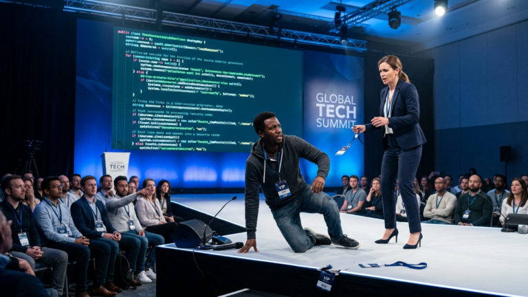 Die Managerin einer Technologiekonferenz riss dem Schwarzen Programmierer den VIP-Ausweis ab und knallte ihn vor 87 Gästen auf die Bühne, weil sie glaubte, er habe sich in den VIP-Bereich geschlichen — bis auf der großen Leinwand plötzlich sein alter Code erschien.