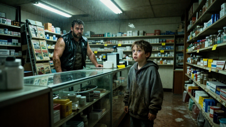 After 8 Days Forced to Stand in the Rain Behind a Trailer, the Injured 6-Year-Old Boy Walked Into a Rural Pharmacy at Night and Asked for “Bandages That Don’t Tell”… Then He Blinked a Pattern at the Mirror, and the Biker Leader Understood – storyteller