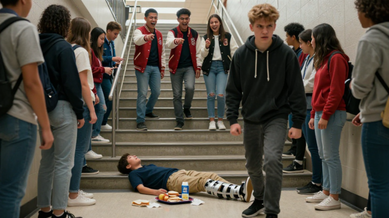 The Popular Boys Pushed the Boy With the Leg Brace Down the Cafeteria Steps as Everyone Cheered—Until His Big Brother Finally Turned Around. – storyteller