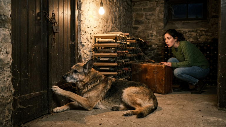 DER ALTE SCHÄFERHUND KRATZTE JEDE NACHT AN DER VERSCHLOSSENEN KELLERTÜR DES JUNGEN EHEPAARS — BIS DIE FRAU HINTER DEN WEINREGALEN DEN KOFFER FAND DEN IHR MANN NIE ERWÄHNTE.