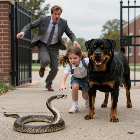 I am a 41-year-old school principal. When I saw a scarred Rottweiler pinning a little girl to the ground outside our gates, my blood ran cold. But what I noticed near her shoes changed everything… – storyteller
