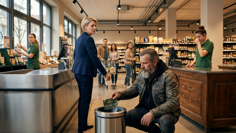 Der Besitzer eines Luxussupermarkts riss einer alten Kassiererin in Stuttgart das Namensschild ab und warf es mitten im Laden in den Mülleimer, weil er sagte, sie sei nicht mehr würdig, an der Kasse zu stehen — doch der Biker-Anführer hob es schweigend wieder auf, und der ganze Laden verstummte.